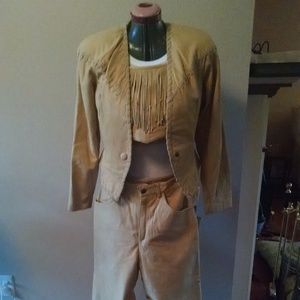 Tan leather top, pants and jacket